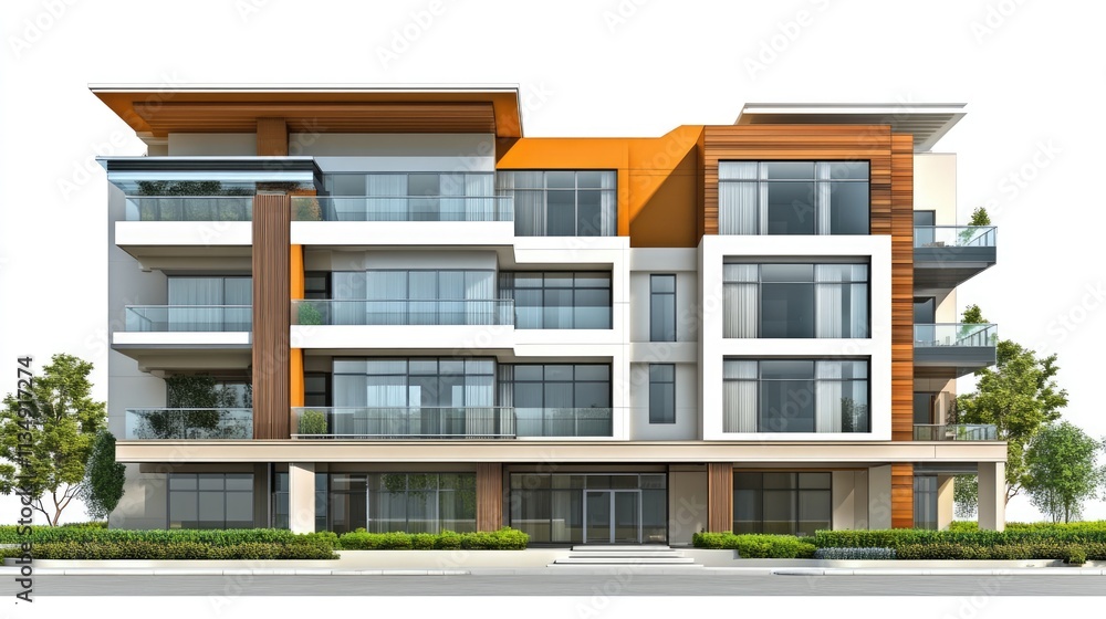 Contemporary hotel building facade with modern balconies and sleek design elements in an urban setting