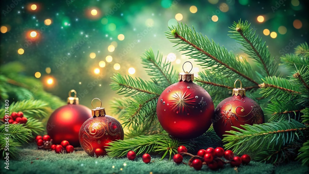 Elegant Merry Christmas and Happy New Year Background Featuring Red Ornaments, Pine Branches, and a Touch of Surrealism for a Festive Holiday Atmosphere Elegant Merry Christmas and Happy New Year Background Featuring Red Ornaments, Pine Branches, and a Touch of Surrealism for a Festive Holiday Atmosphere