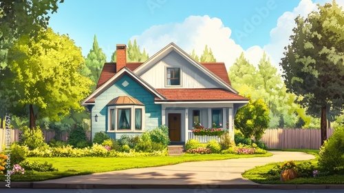 Wallpaper Mural Charming Suburban Home Nestled in Lush Greenery with Beautiful Landscaping and Blue Sky Torontodigital.ca