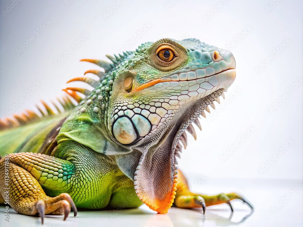 Obraz premium Elegant Minimalist Photography of an Iguana on a White Background Showcasing Unique Textures and Colors of the Reptile in a Calm and Serene Atmosphere for Nature Lovers