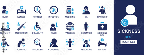 Sickness icon set collection. Illness, portent, infection, medicine, disability, pandemic, patient, injury, pain, fiver, coughing and best solid icon set.