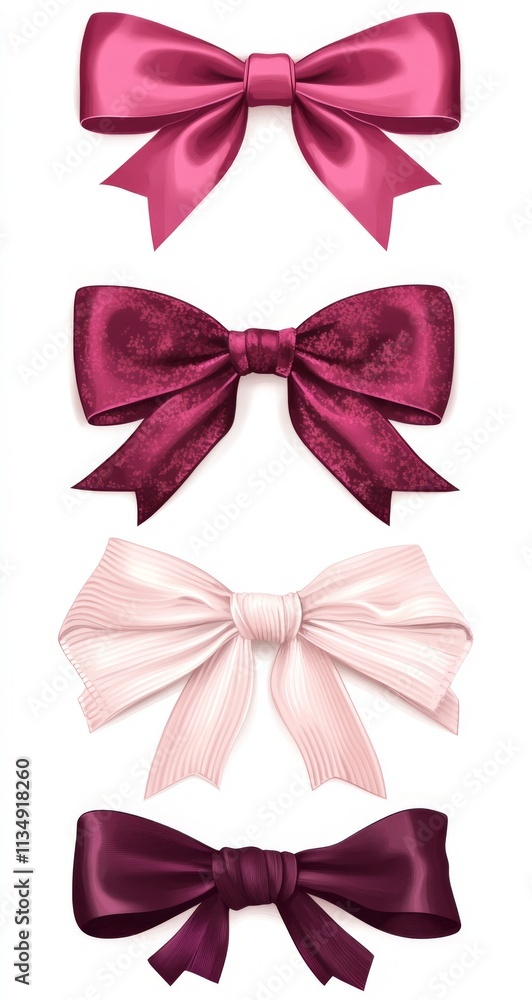 Set of ribbons and bows in pink pastel, vector clip art with detailed shading. Hyper-realistic. Set of ribbons and bows in pink pastel, vector clip art with detailed shading. Hyper-realistic.