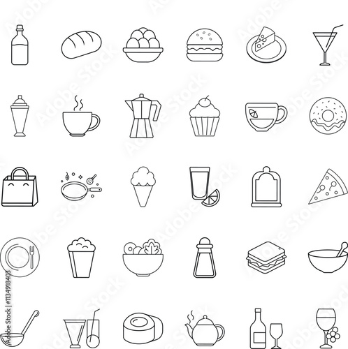 Food Icons Drinks, Desserts, Bread, Meals, and Utensils