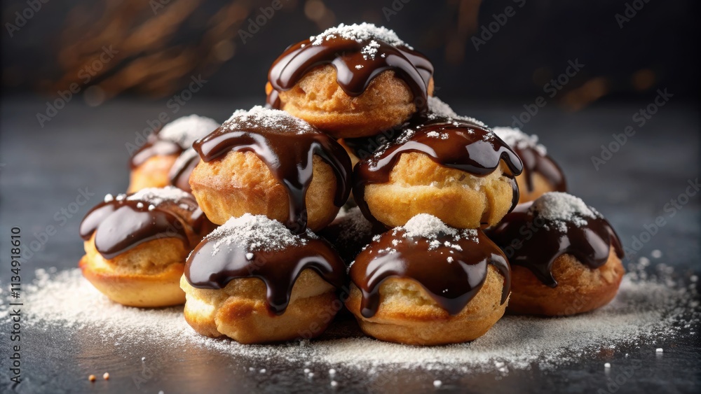 A close-up image of decadent profiteroles topped with chocolate sauce and powdered sugar, profiteroles, dessert A close-up image of decadent profiteroles topped with chocolate sauce and powdered sugar, profiteroles, dessert