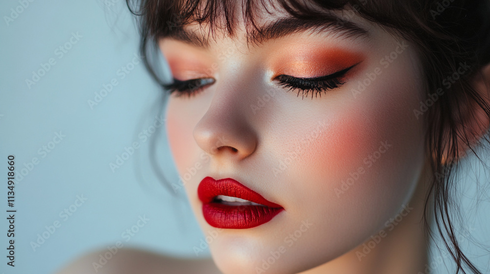 Elegant makeup look highlighting bold red lips and soft eye makeup for a glamorous appearance Elegant makeup look highlighting bold red lips and soft eye makeup for a glamorous appearance