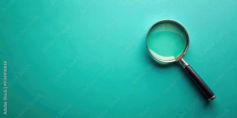 Top view of a magnifying glass on a turquoise background, symbolizing search and discovery, magnifying glass Top view of a magnifying glass on a turquoise background, symbolizing search and discovery, magnifying glass