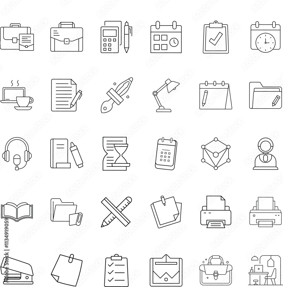Office Supplies Icons Stationery, Tools, and Time Management Office Supplies Icons Stationery, Tools, and Time Management