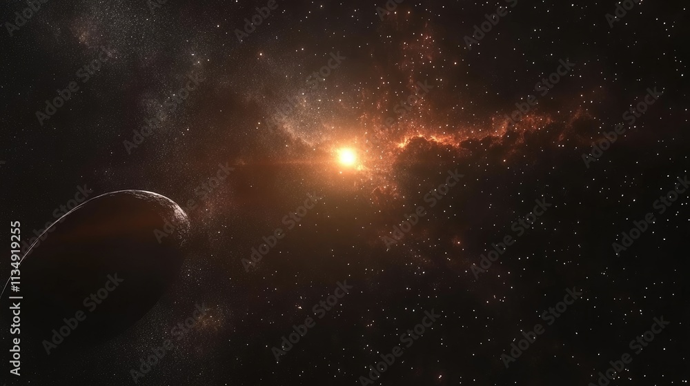 Obraz premium Cosmic scene featuring a glowing star and celestial clouds against a dark interstellar background with a planet in the foreground.