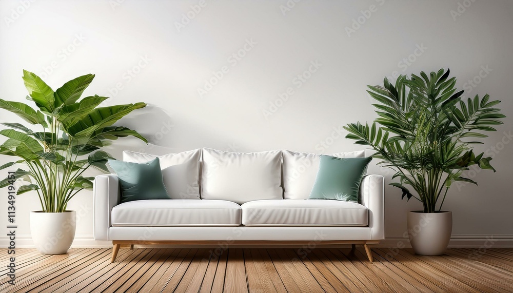Living room, minimalistic interior with white sofa, white walls and wooden floor Living room, minimalistic interior with white sofa, white walls and wooden floor