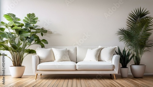 Living room, minimalistic interior with white sofa, white walls and wooden floor