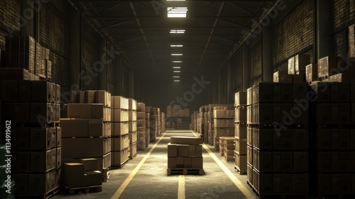 Wide warehouse aisle filled with stacked boxes and pallets, illuminated by bright overhead lighting. photo