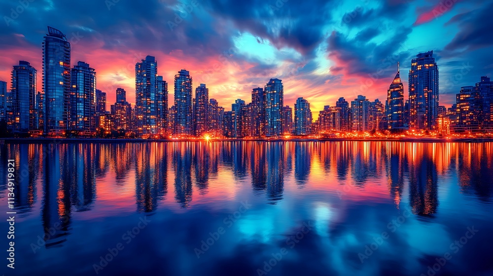 Obraz premium City Skyline Reflected in Water at Sunset