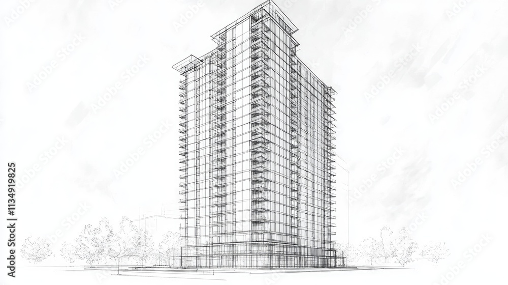 Fototapeta premium Architectural blueprint of modern condominium tower with detailed engineering design showcasing building structure and landscape elements.