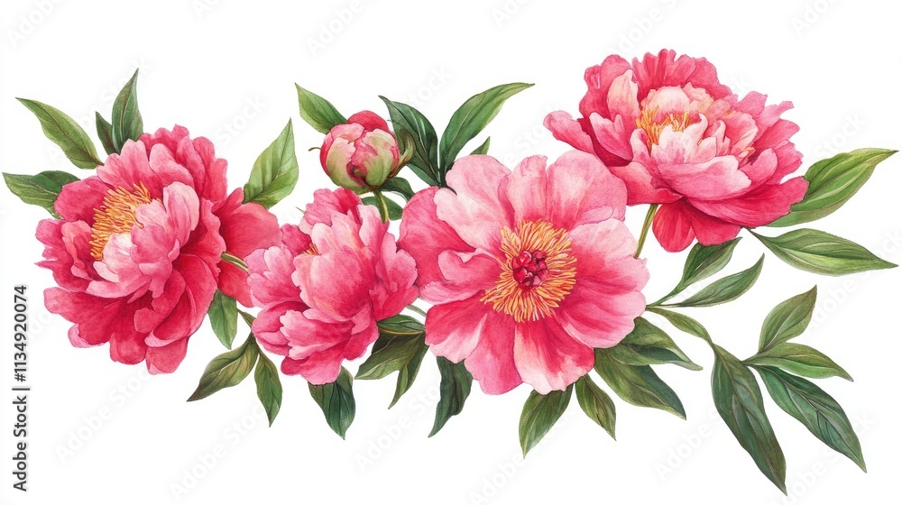 Obraz premium Vibrant bouquet of blooming peonies with lush green leaves elegantly arranged on a clean white background for floral design themes