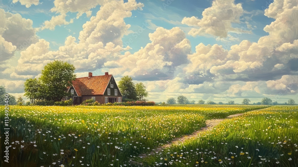 Obraz premium Dutch farmhouse surrounded by vibrant buttercup-filled grass fields under a picturesque sky with fluffy clouds.