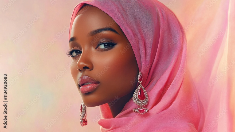 Woman with a pink headscarf and red gemstone jewelry, posed against a gentle pastel-colored background. Woman with a pink headscarf and red gemstone jewelry, posed against a gentle pastel-colored background.