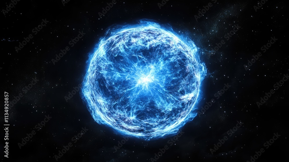 Obraz premium Fast spinning neutron star and magnetar glowing in blue energy against a dark cosmic background illustrating the mysteries of space.