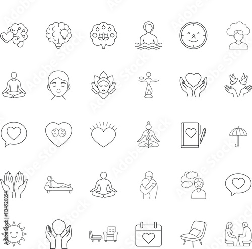 Mindfulness, Meditation, Wellness, Healing, Mental Health Icons Set