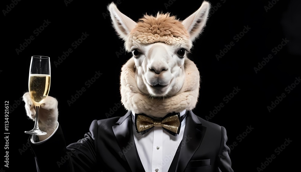 Stylish alpaca with bow tie and champagne cheering at celebration on black
Stylish alpaca with bow tie and champagne cheering at celebration on black