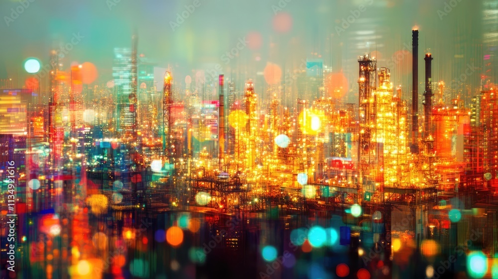 custom made wallpaper toronto digitalStock market dynamics illustrated through double exposure of an oil rig and refinery set against a vibrant cityscape at night.