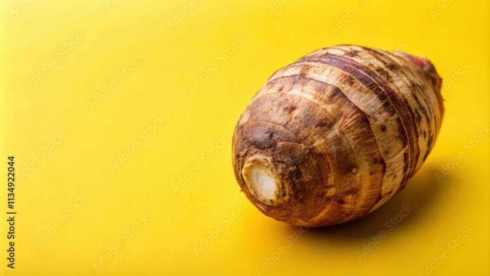 Closeup of taro root vegetable, eddo malanga, on yellow background, taro, root vegetable, eddo malanga, closeup Closeup of taro root vegetable, eddo malanga, on yellow background, taro, root vegetable, eddo malanga, closeup