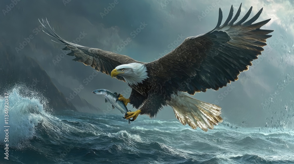 Fototapeta premium White-tailed eagle in flight with a fish clutched in its talons above rough ocean waves, depicting a dynamic wildlife scene, birdwatching, nature, predator, oceanic environment.