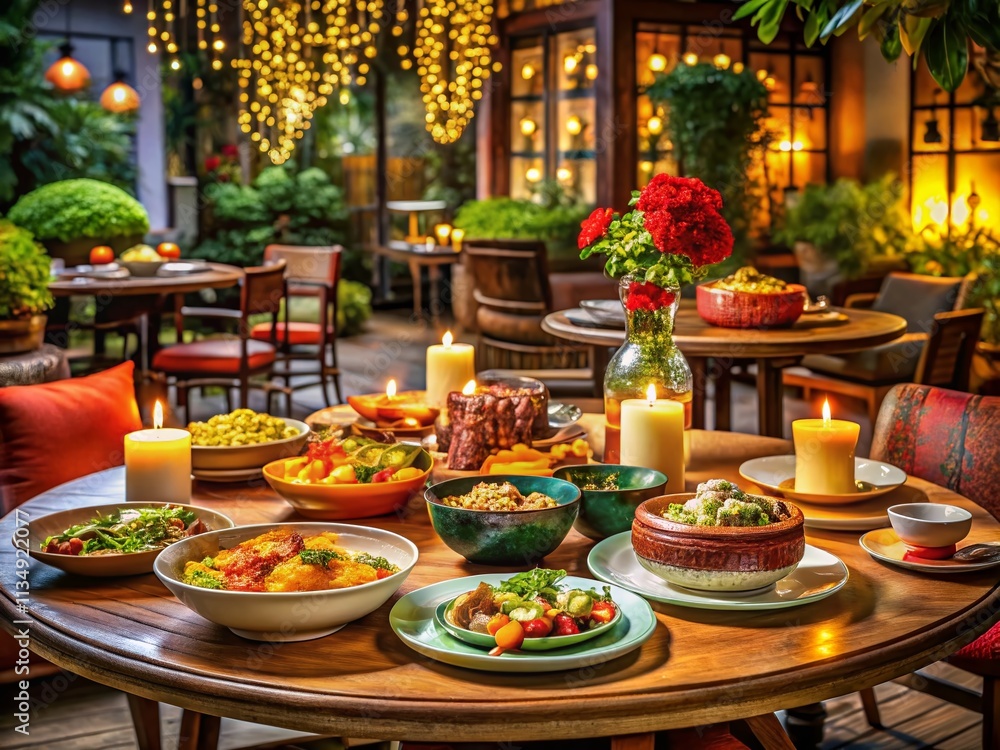 Elegant Round and Rectangular Tables Surrounded by Delicious Dishes and Fresh Ingredients for a Food Photography Showcase in a Cozy Dining Setting Elegant Round and Rectangular Tables Surrounded by Delicious Dishes and Fresh Ingredients for a Food Photography Showcase in a Cozy Dining Setting