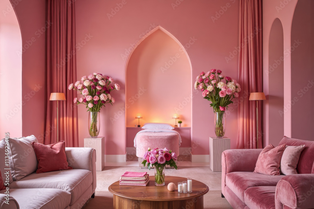 Stylish pink room with elegant floral arrangements and cozy seating for relaxation and comfort