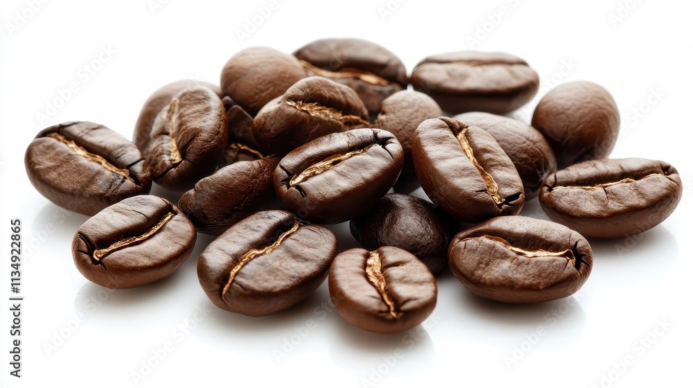 Freshly Roasted Coffee Beans Piled on a White Background with Rich Texture and Color, Ideal for Coffee Lovers, Culinary Arts, and Product Marketing Freshly Roasted Coffee Beans Piled on a White Background with Rich Texture and Color, Ideal for Coffee Lovers, Culinary Arts, and Product Marketing