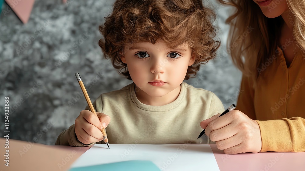 Home Learning Environment Ideas for Kids, a child practicing writing letters at a pastel table with a parent assisting Home Learning Environment Ideas for Kids, a child practicing writing letters at a pastel table with a parent assisting