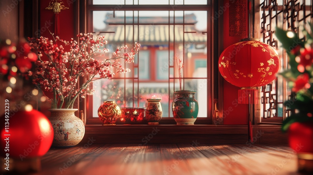 Nostalgic 3D Chinese New Year Window Scene - Festive 3D depicting a traditional Chinese New Year window scene, symbolizing prosperity, good fortune, family, tradition, and happiness. Nostalgic 3D Chinese New Year Window Scene - Festive 3D depicting a traditional Chinese New Year window scene, symbolizing prosperity, good fortune, family, tradition, and happiness.
