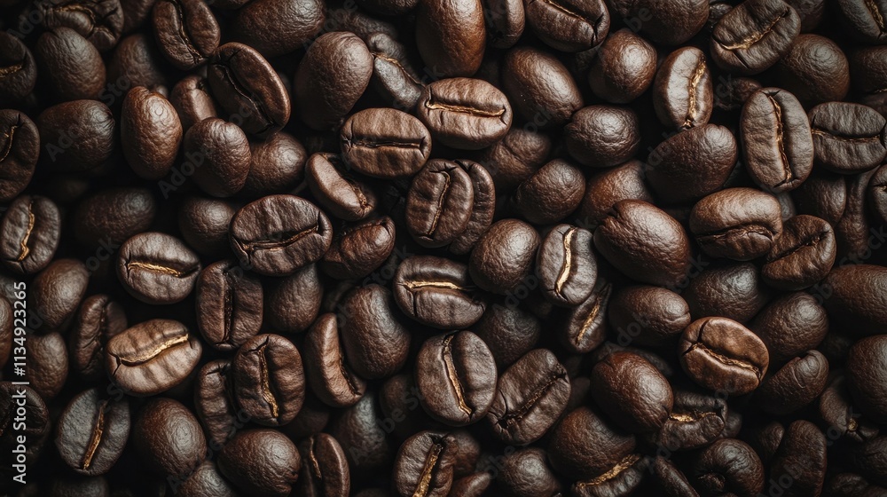 Fototapeta premium Dark roasted coffee beans with rich texture and aroma displayed in a close-up shot perfect for showcasing the essence of coffee culture and gourmet beverages.