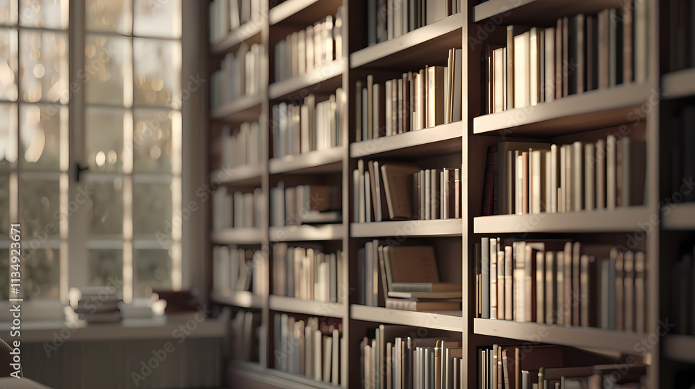 Sunlit Library Bookshelves: A wall of bookshelves filled with countless volumes basks in the warm glow of sunlight streaming through a large window. Sunlit Library Bookshelves: A wall of bookshelves filled with countless volumes basks in the warm glow of sunlight streaming through a large window.