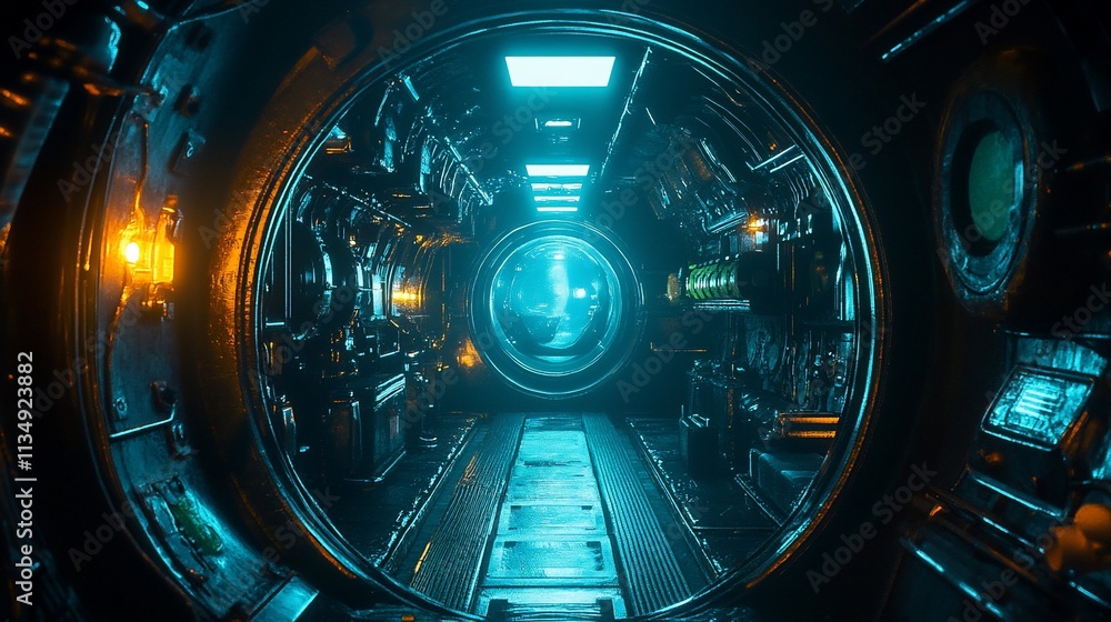 Futuristic spaceship interior corridor with glowing lights and advanced technology. Futuristic spaceship interior corridor with glowing lights and advanced technology.