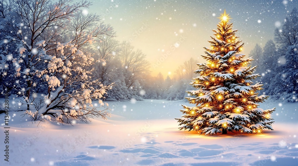 Beautifully decorated Christmas tree with glowing lights standing in a snowy forest during a serene winter sunset Beautifully decorated Christmas tree with glowing lights standing in a snowy forest during a serene winter sunset