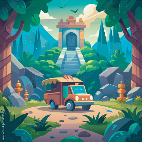 Cartoon truck parked in a jungle with a temple in the background