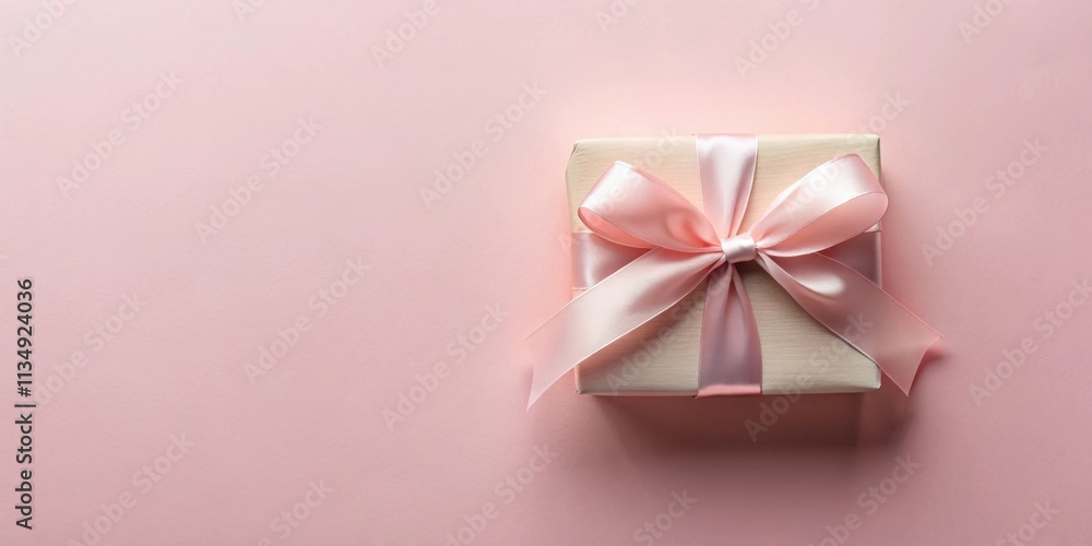 A delicate pink gift box with a satin ribbon bow on a light pink background