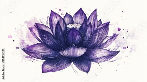 Vibrant Purple Lotus Flower on White Background with Artistic Watercolor Elements photo