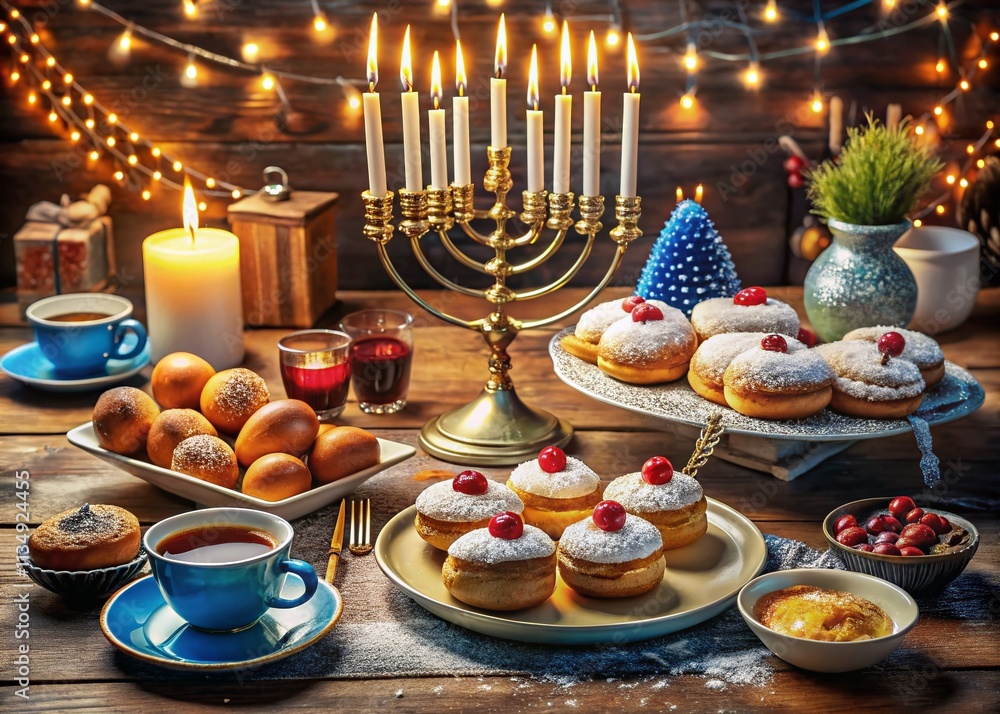 Naklejka premium Elegant Tablescapes Showcasing Traditional Hanukkah Foods and Treats, Including Latkes, Sufganiyot, and Dreidels, Set Against a Festive Holiday Atmosphere
