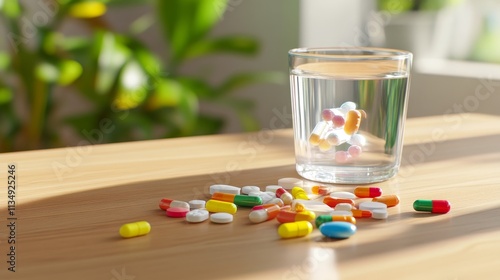 Pills and Capsules Near a Glass of Water - Colorful pills and capsules scattered on a wooden table near a glass of water. Symbolizing health, medication, treatment, wellness, and care.