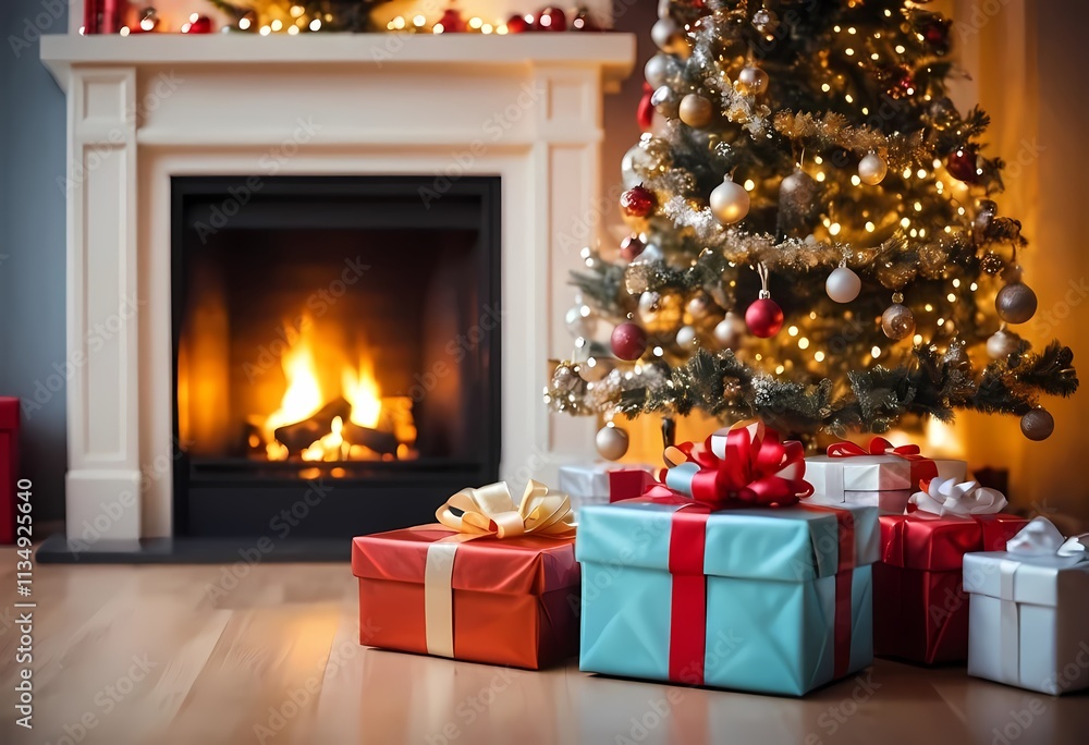 Christmas gift under tree with abstract lights and fireplace in festive interior
Christmas gift under tree with abstract lights and fireplace in festive interior