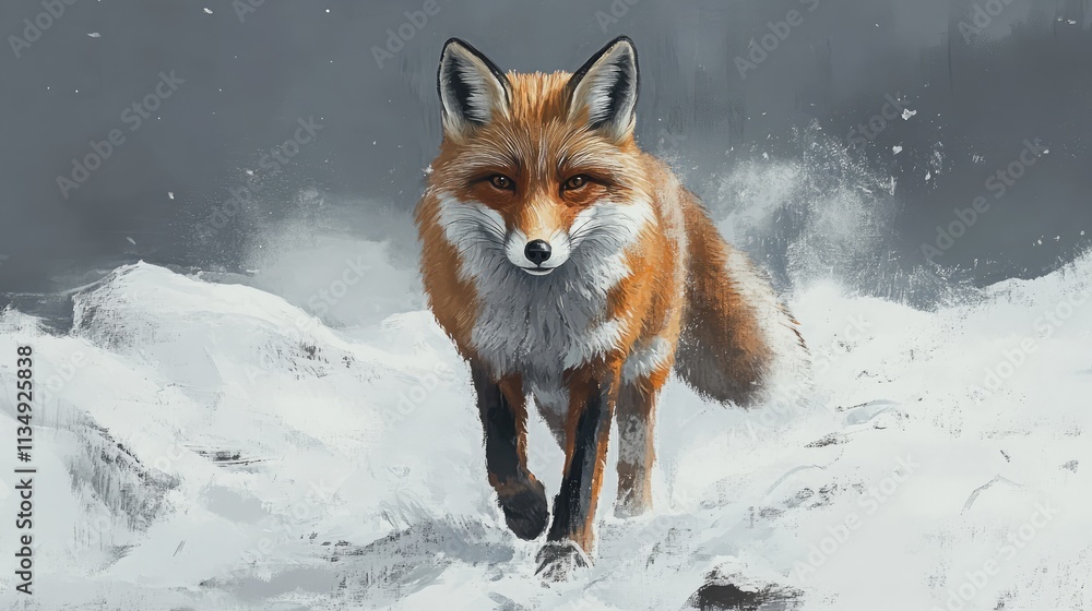 Fototapeta premium Detailed illustration of a red fox walking through a snowy environment, showcasing its vibrant fur and alert expression, wildlife, nature, animal portrait, winter scene.
