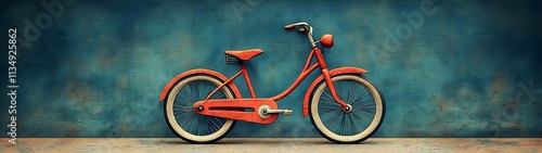 A vintage-style children's bicycle, painted in bright orange, stands against a textured blue wall, evoking nostalgia and a sense of playful adventure. photo