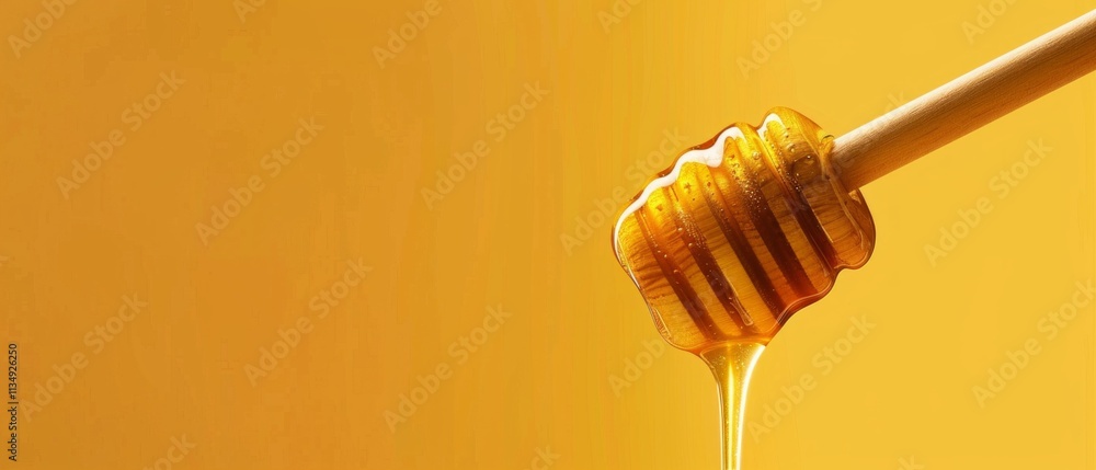 Close-up of a wooden honey dipper dripping honey on a bright yellow background. Cozy and inviting vibes, space on the left for text.