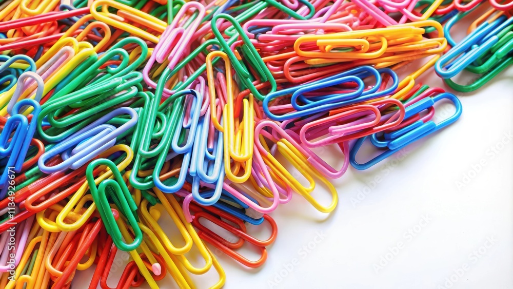 Vibrant colored paperclips on a white background, stationery, office supplies, organization, rainbow, metal, colorful Vibrant colored paperclips on a white background, stationery, office supplies, organization, rainbow, metal, colorful