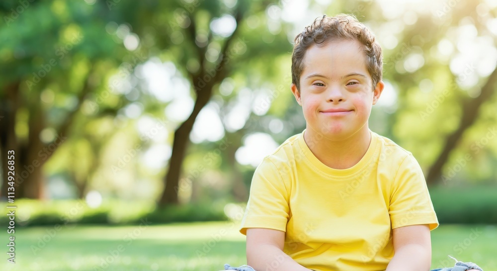 Joyful young caucasian male with down syndrome in park setting for inclusion and diversity concepts Joyful young caucasian male with down syndrome in park setting for inclusion and diversity concepts
