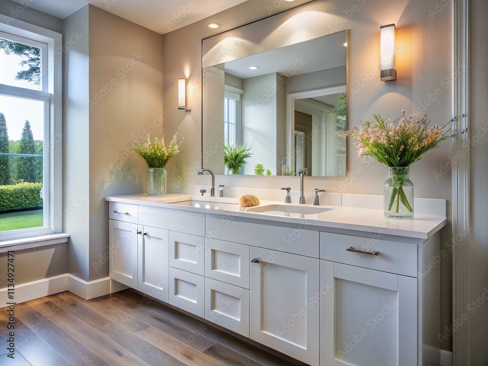 Elegant White Vanity with Ceramic Sink and Modern Faucet in Sunlit Bathroom, Showcasing High Depth of Field and a Play of Light and Shade for Contemporary Home Design Inspiration Elegant White Vanity with Ceramic Sink and Modern Faucet in Sunlit Bathroom, Showcasing High Depth of Field and a Play of Light and Shade for Contemporary Home Design Inspiration