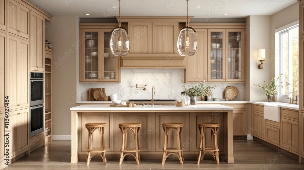 Light wood kitchen with island, cabinetry, and pendant lights. Light wood kitchen with island, cabinetry, and pendant lights.