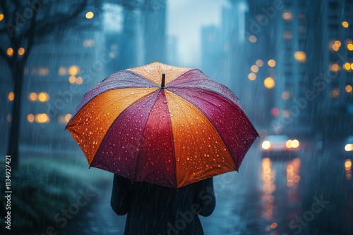 Wallpaper Mural A colorful umbrella being held by a person walking in the rain, with droplets falling around and a blurred cityscape in the background. Generative AI Torontodigital.ca