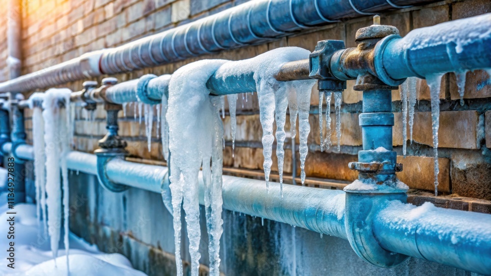 Frozen water pipes in winter causing a potential water supply system failure , winter, frozen, pipes, ice, cold Frozen water pipes in winter causing a potential water supply system failure , winter, frozen, pipes, ice, cold